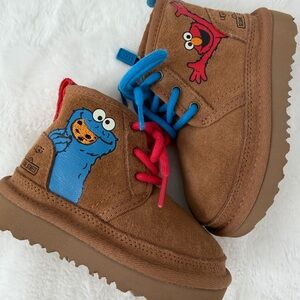 Ugg Boys Brown Boots with Cookie Monster and Elmo Design, size 7, Like New!!!